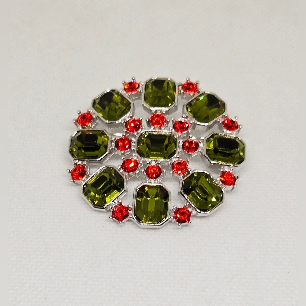 Green & Red Rhinestone Circle Brooch Silver Tone Crystal Statement Pin